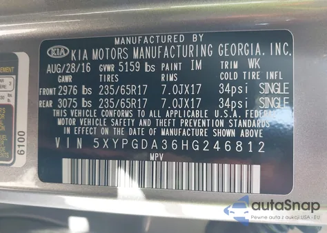 2017 Kia Sorento 2.4L Lx from USA, damaged, VIN 5XYPGDA36HG246812